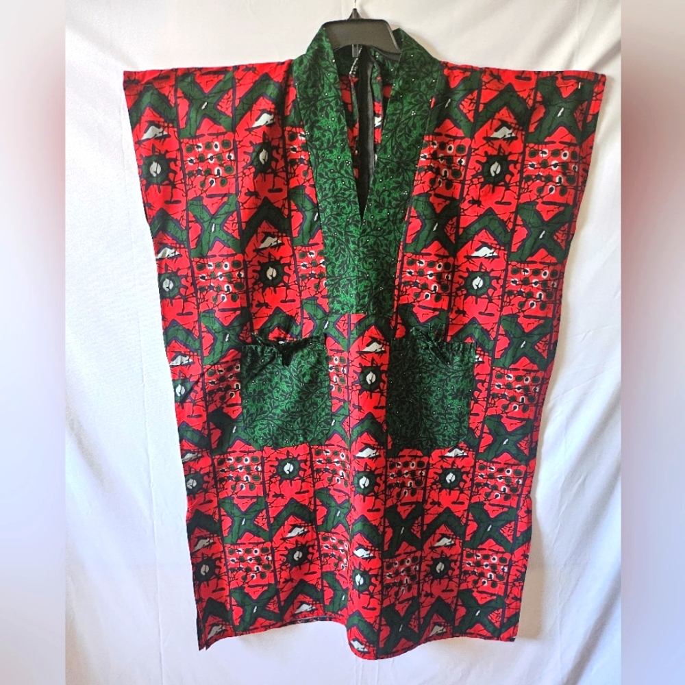 Vibrant Red and Green Patterned Knee Length Kaftan- New